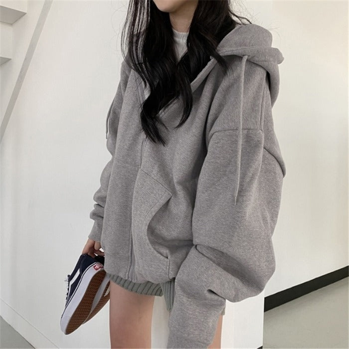 Women's Loose Mid-Length Plus Fleece Hooded Jacket