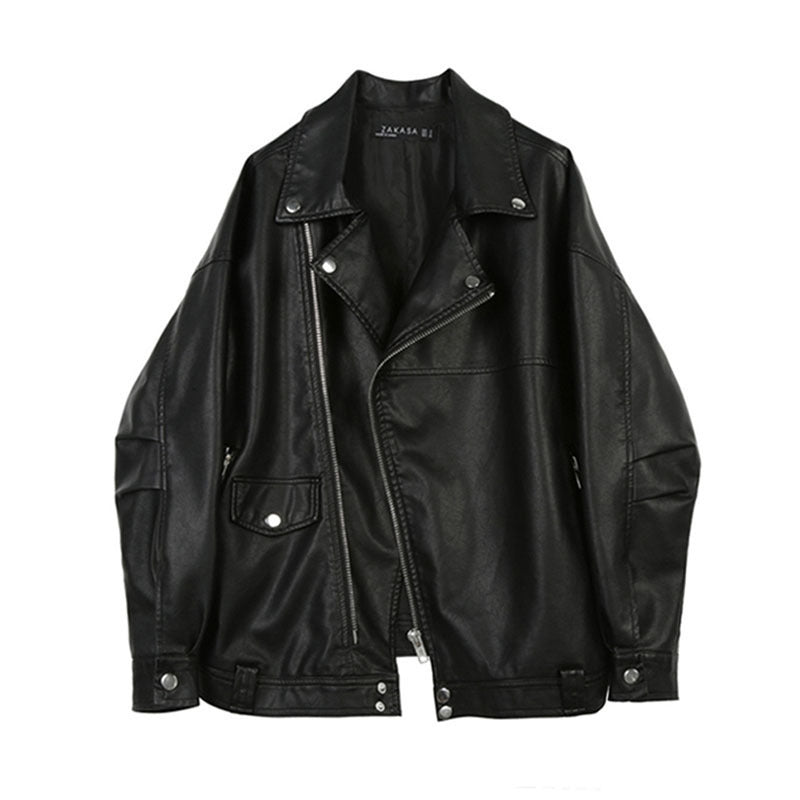 Loose Version Bf Style Profile Lapel Pu Leather Jacket