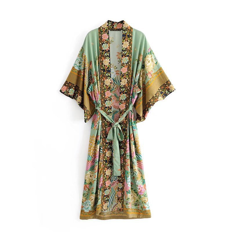 Kimono-Kleid mit Kranich-Print im Bohemian-Stil