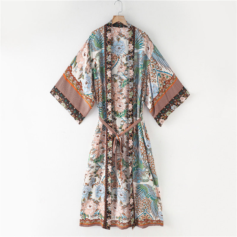 Kimono-Kleid mit Kranich-Print im Bohemian-Stil