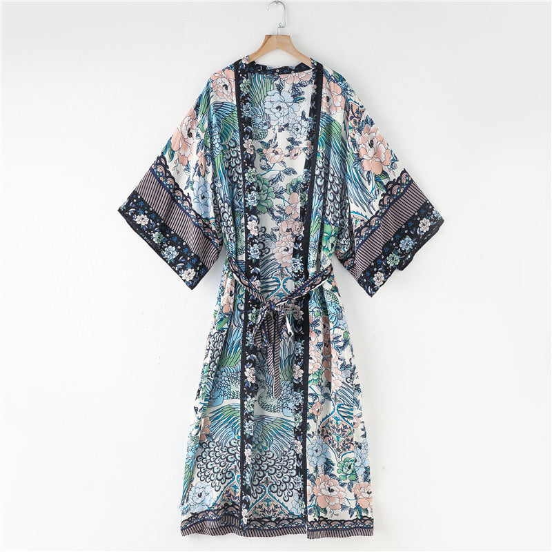 Kimono-Kleid mit Kranich-Print im Bohemian-Stil