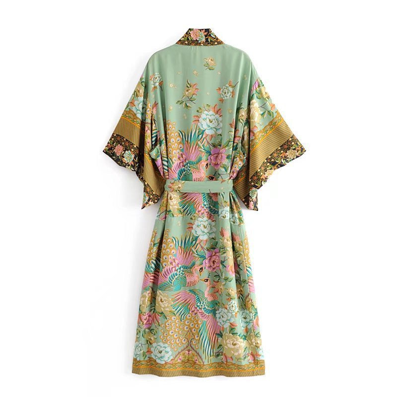 Kimono-Kleid mit Kranich-Print im Bohemian-Stil