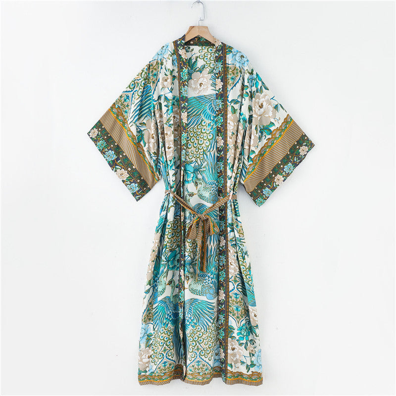 Kimono-Kleid mit Kranich-Print im Bohemian-Stil