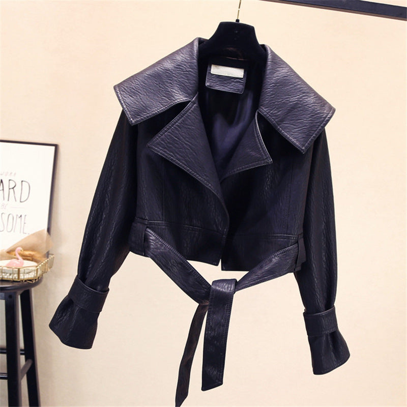 Lapel Loose Short Hem Lace Washed Motorcycle Pu Leather Jacket