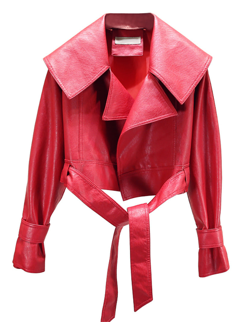 Lapel Loose Short Hem Lace Washed Motorcycle Pu Leather Jacket