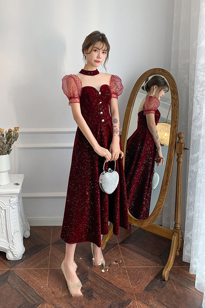 Noble Wine Red Velvet Toast Bridal Gown