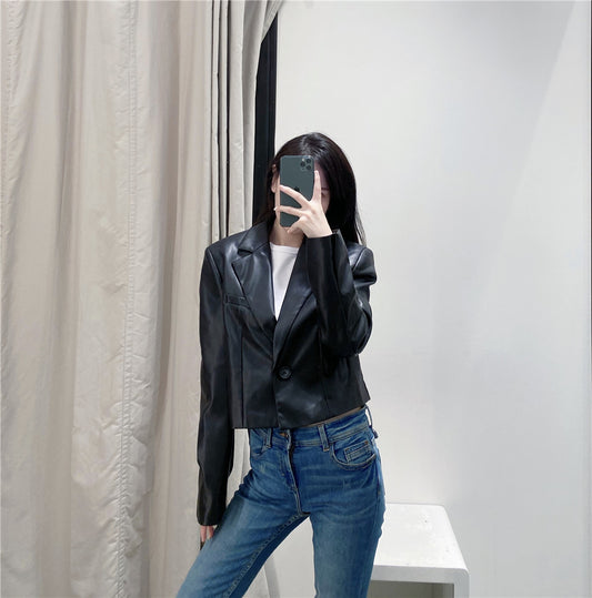 Ladies Faux Leather Short Casual Blazer