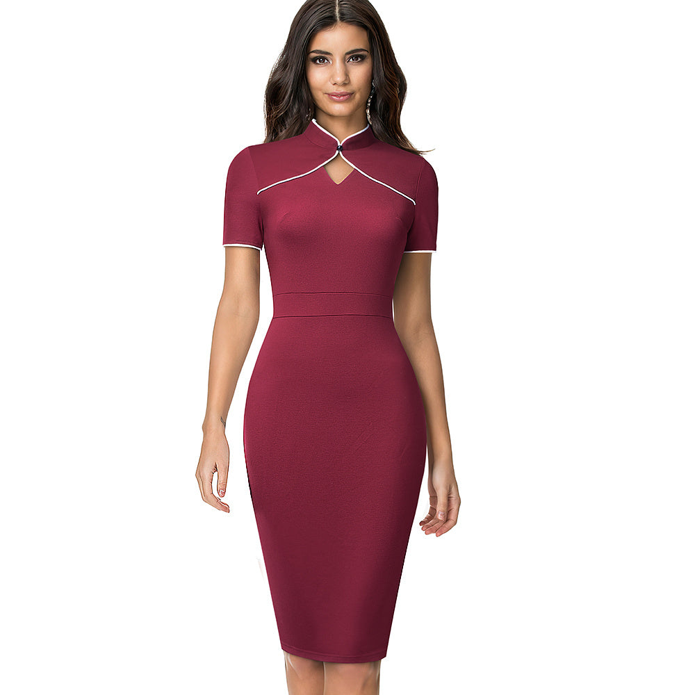 New Retro Stand Collar Hollow Slim Fit Hip Dress