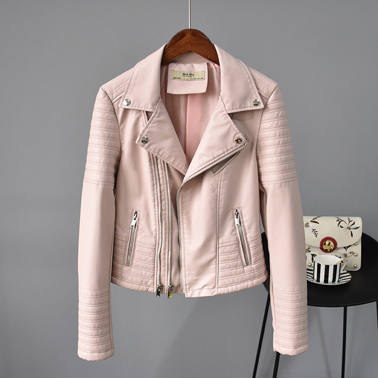 Rivet Suit Collar Women Washed PU Leather Jacket