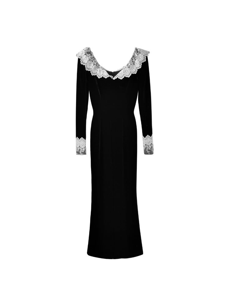 Autumn And Winter French Long-Sleeved Lace V-Neck Temperament Long Dress