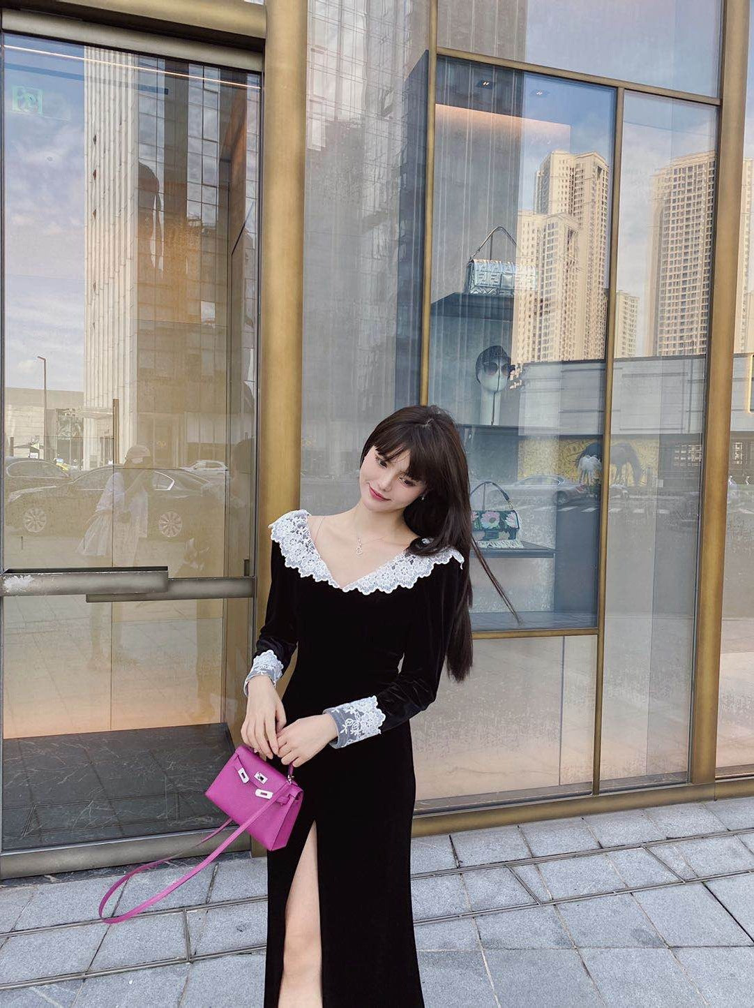 Autumn And Winter French Long-Sleeved Lace V-Neck Temperament Long Dress