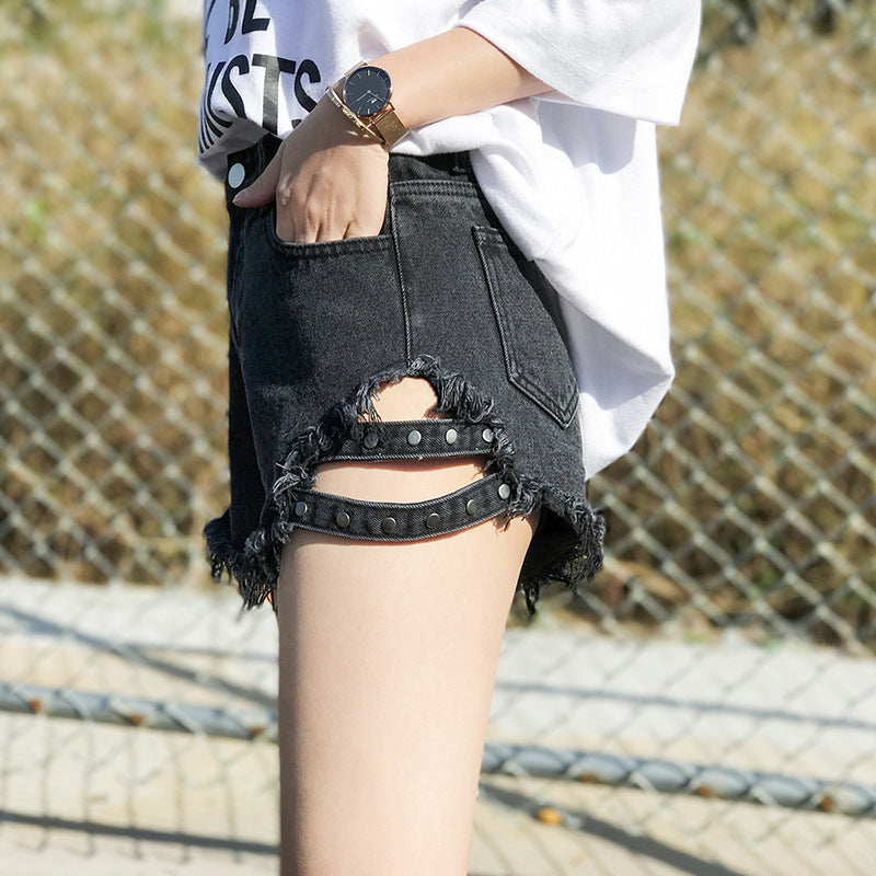 Denim Shorts With Side Studs Loose Ripped High-Rise Jeans