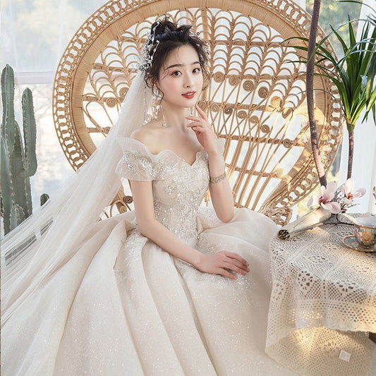 One-Shoulder Main Wedding Dress New Temperament Forest Super Fairy Dream Little Bride Han Trailing Starry Sky