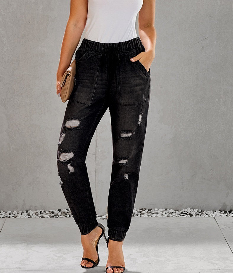 Lockere, schmale High-Waist-Jeans mit Rissen und Kordelzug