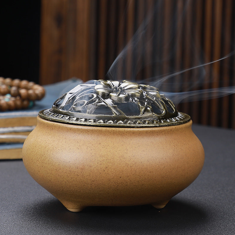 Copper Lid Ceramic Incense Burner Buddha