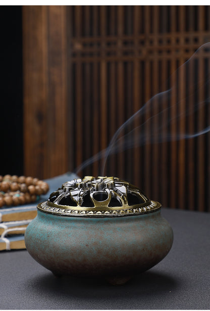 Copper Lid Ceramic Incense Burner Buddha