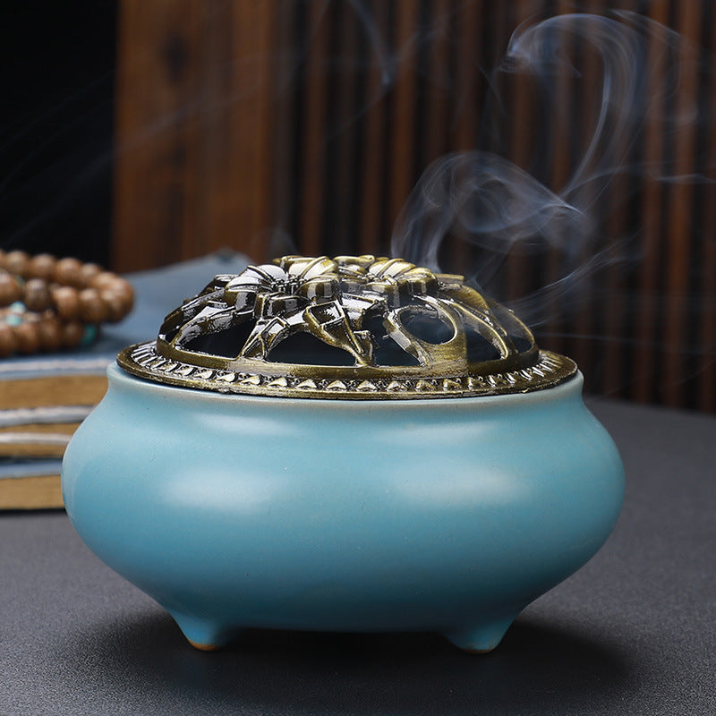 Copper Lid Ceramic Incense Burner Buddha
