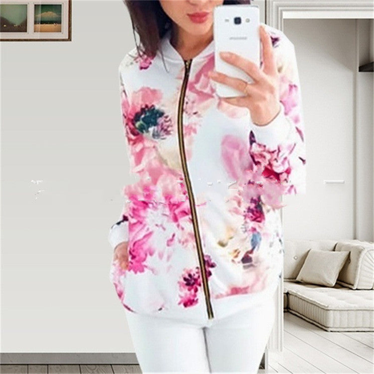 Fashion Printed Round Neck Zipper Long Sleeve Coat