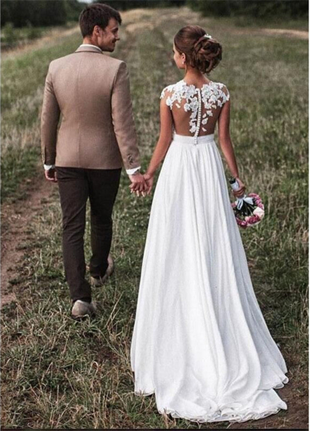 Retro Lace Shoulder Chiffon Slim Bridal Wedding Dress