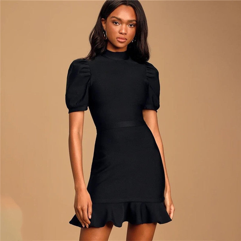 Puff Sleeve Mid-Sleeve Fishtail Dress