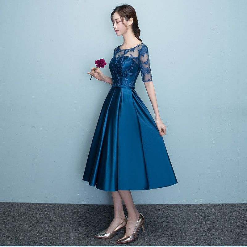 Western Style Summer Banquet Mid-length Elegant Party Blue Slim-looking Annual Party Evening Dress