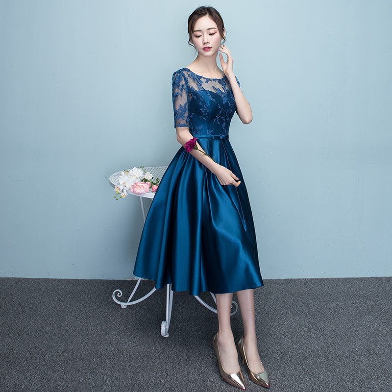 Western Style Summer Banquet Mid-length Elegant Party Blue Slim-looking Annual Party Evening Dress