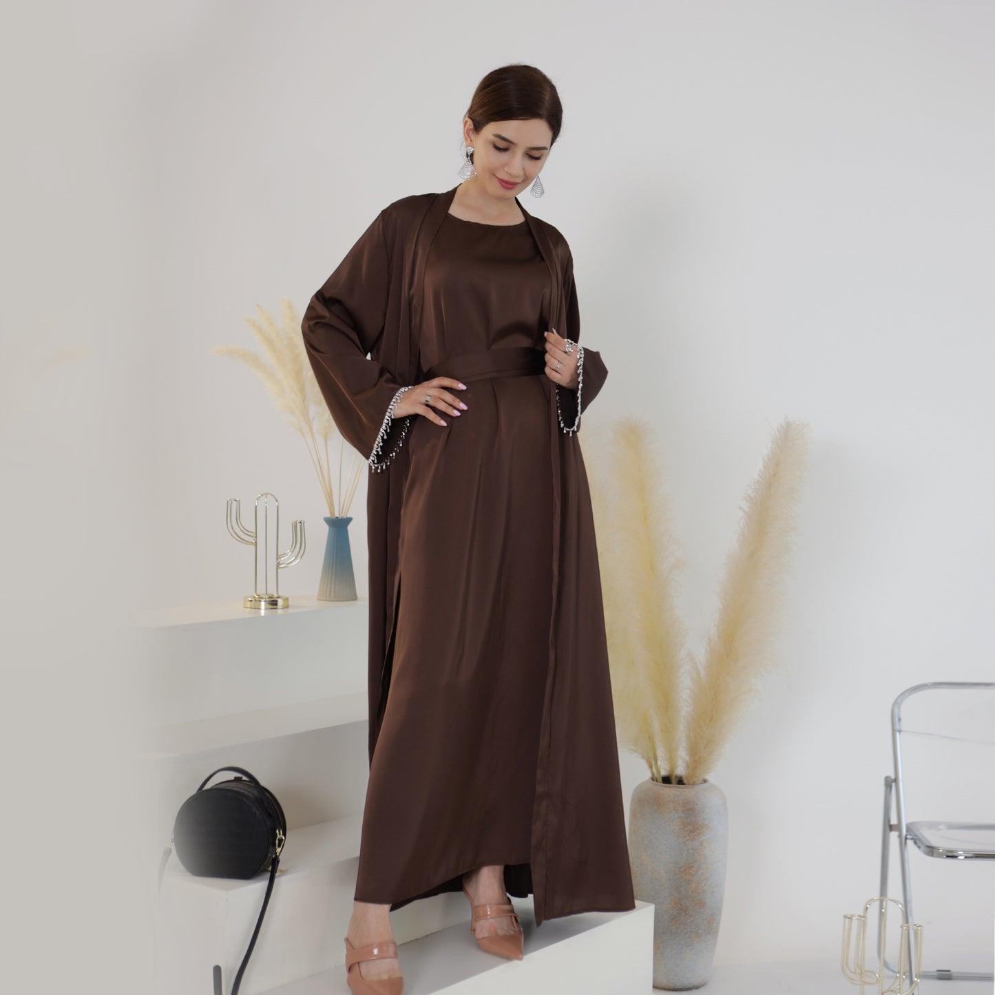 SpringSummer Solid Color Beading Dress Robe