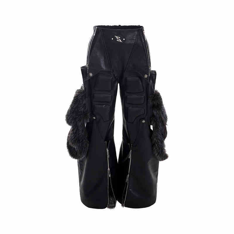 Structural Design Fur Stitching PU Leather Wide-leg Pants