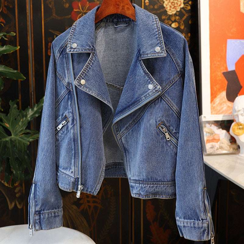 Large Lapel Long-sleeve Zipper Locomotive Style Denim Coat Jacket Women