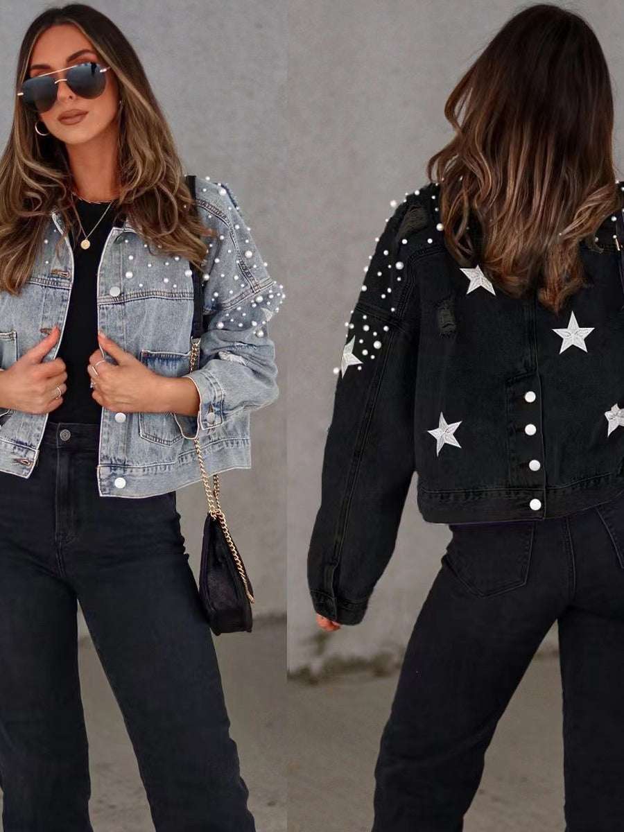 European And American Heavy Industry Beads Women's Loose Denim Jacket