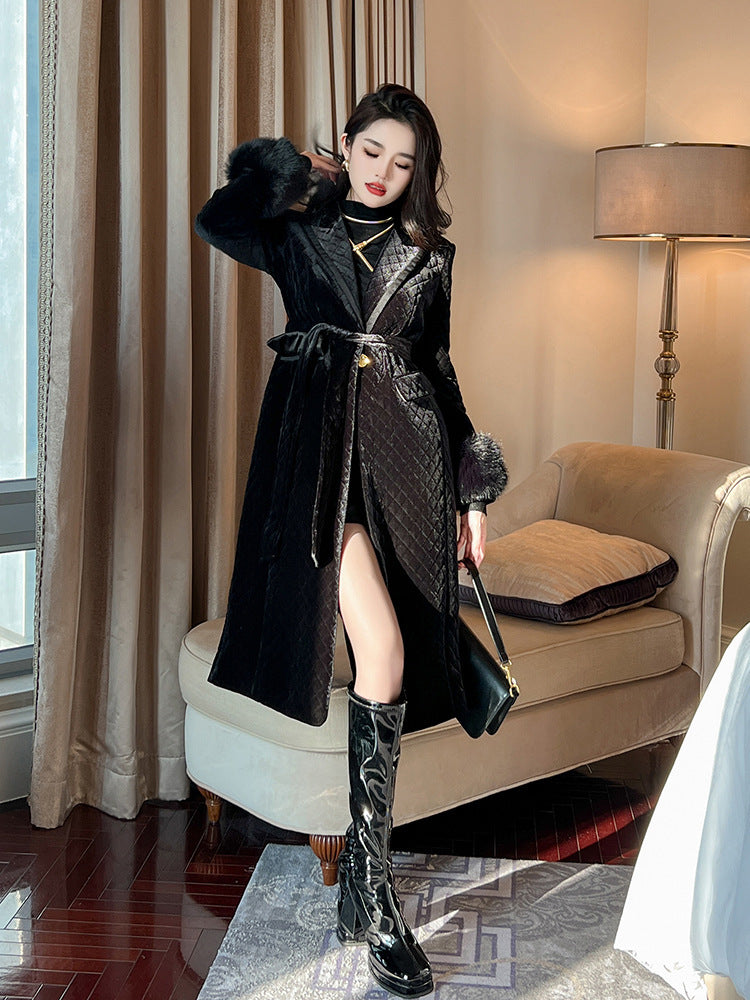 Women Black Velvet Mid-length Coat