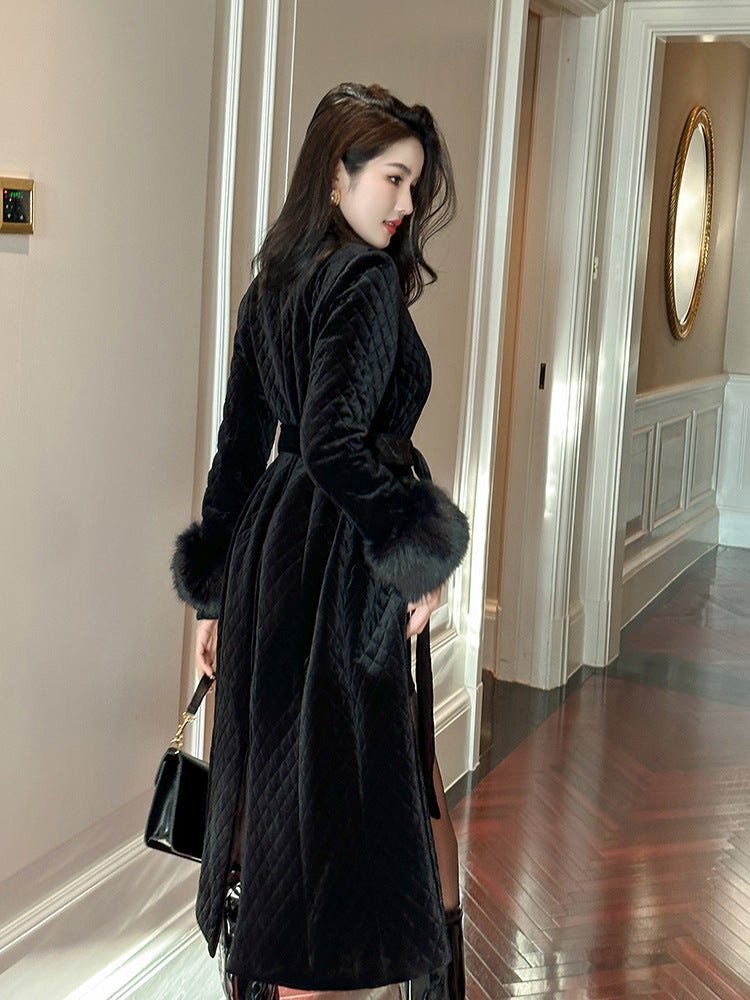 Women Black Velvet Mid-length Coat