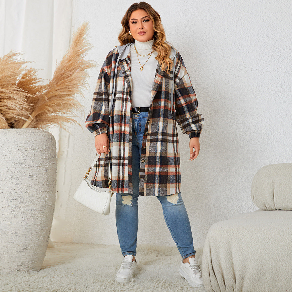 Women Autumn Winter Plus-sized Plaid Hooded Mid-length Coat