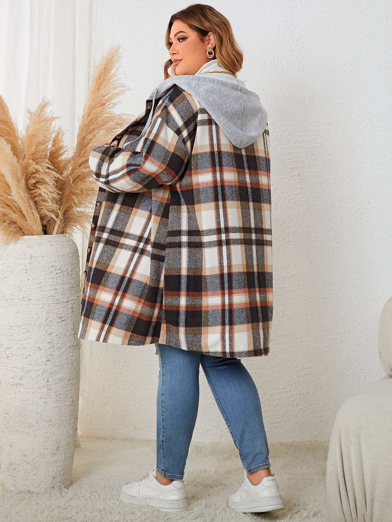 Women Autumn Winter Plus-sized Plaid Hooded Mid-length Coat