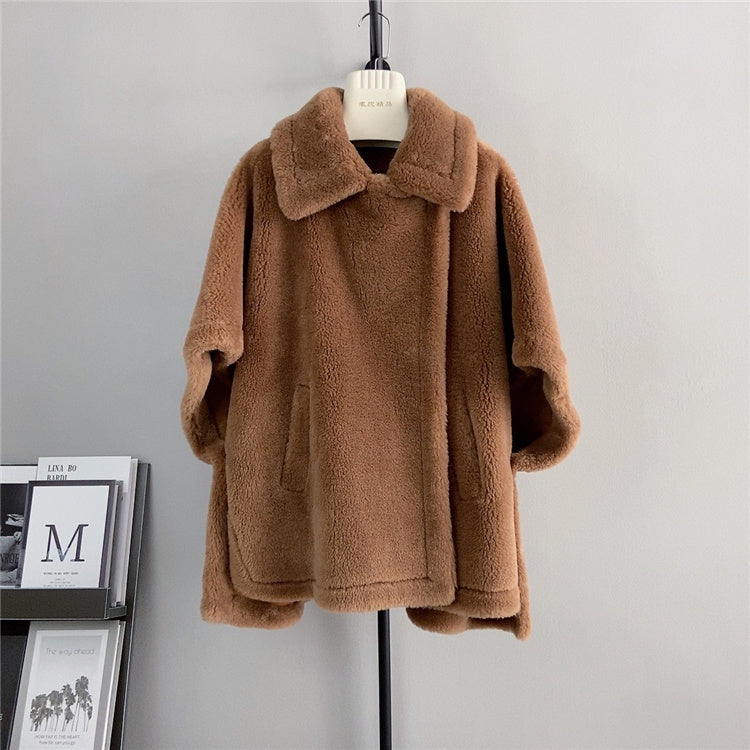 Women Mid-length Loose Batwing Sleeve Lamb Faux Fur Coat