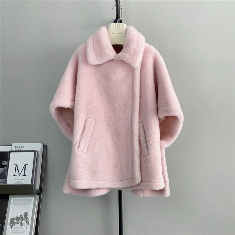 Women Mid-length Loose Batwing Sleeve Lamb Faux Fur Coat