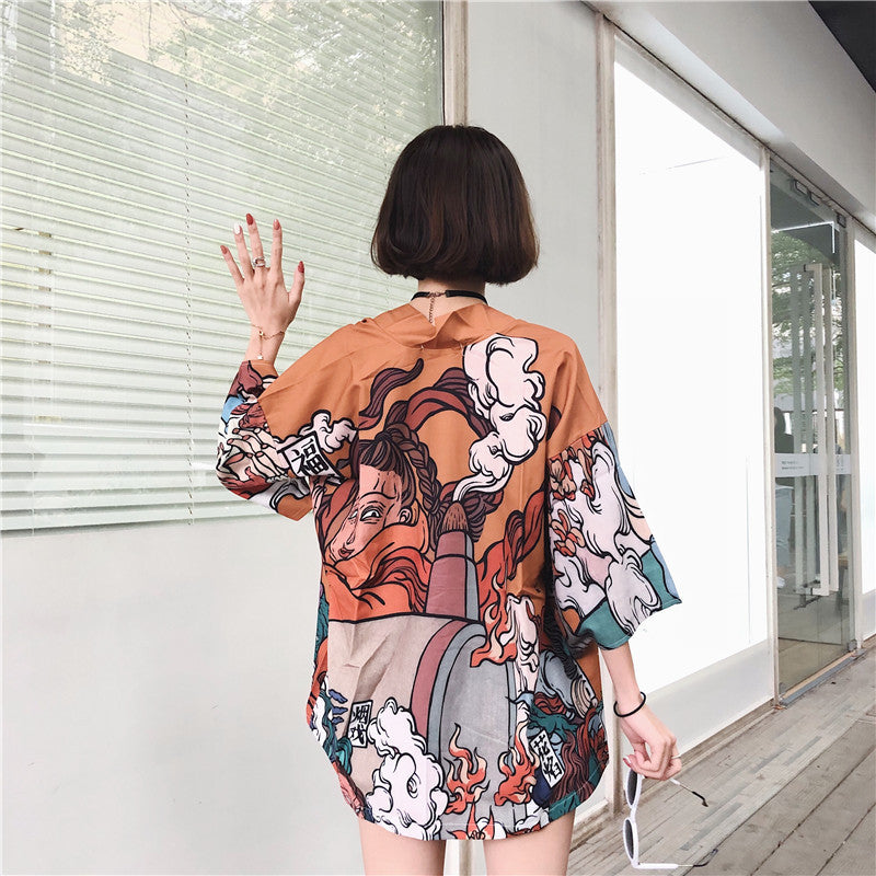 Japanese style and wind cardigan kimono shawl thin coat feather woven men and women couple holiday summer sun protection clothing