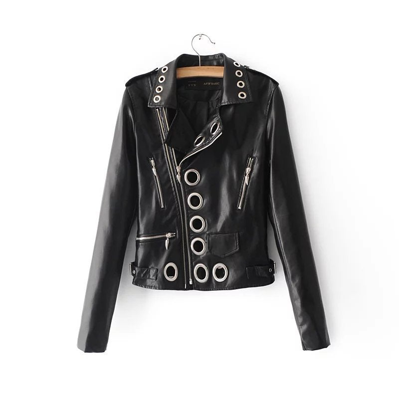 Ladies Fashion Hollow Pu Leather Jacket