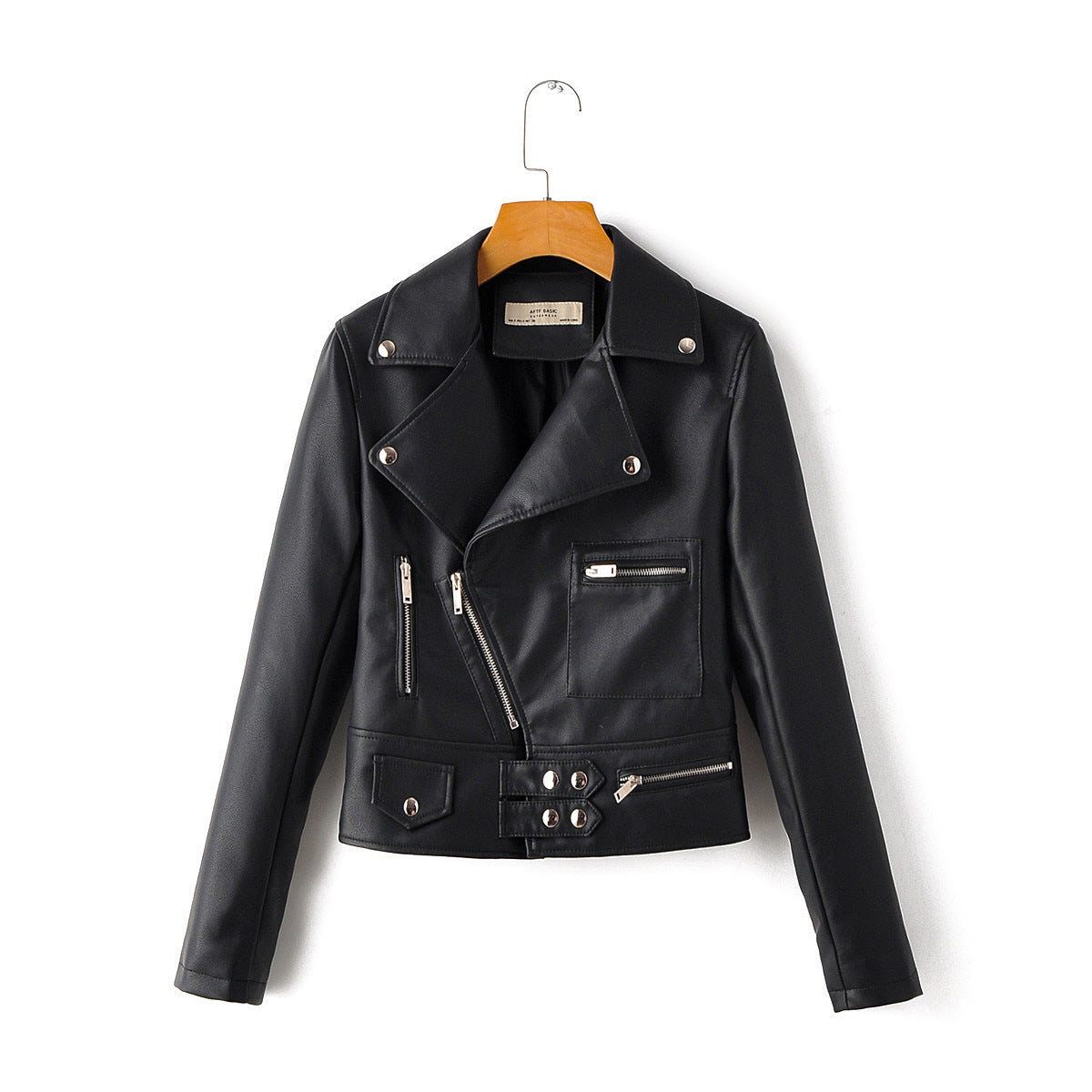 Ladies Lapel Diagonal Zipper Motorcycle Leather PU Jacket