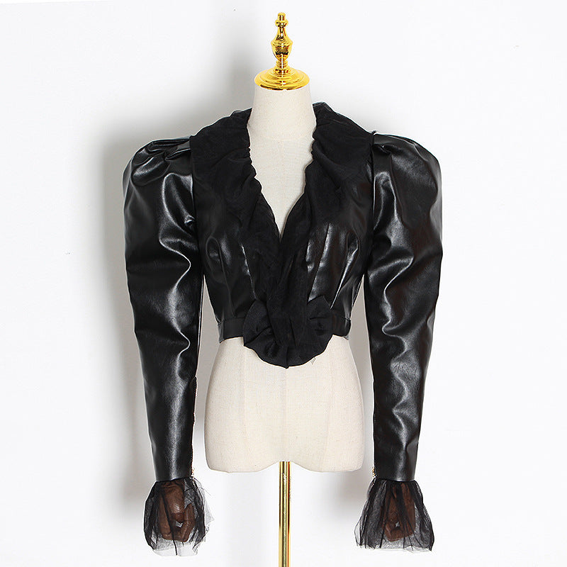 Women's short PU leather jacket