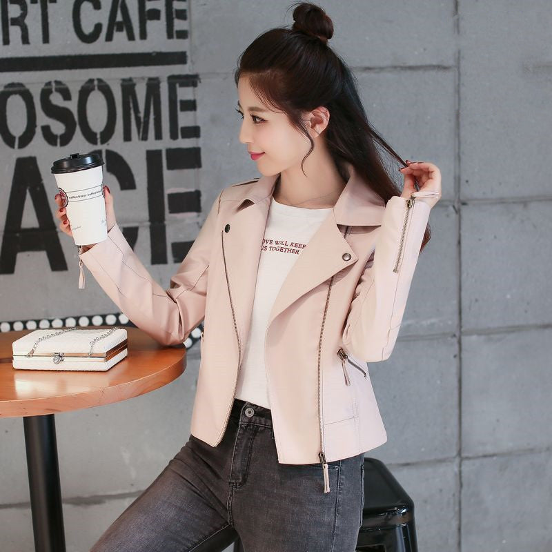 Women's Short Korean Style Slim Leather Jacket