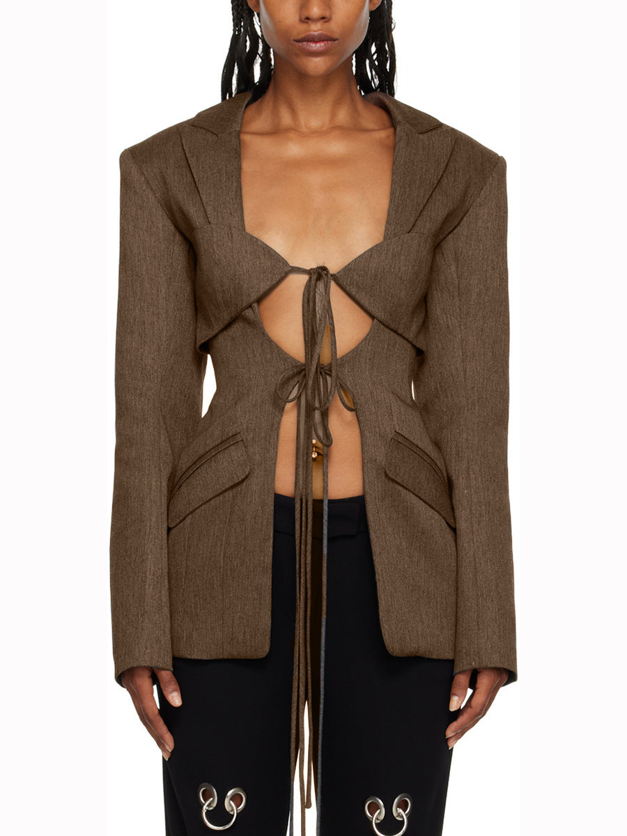 Fashionable V-shaped Hollow-out Cinched Irregular Blazer