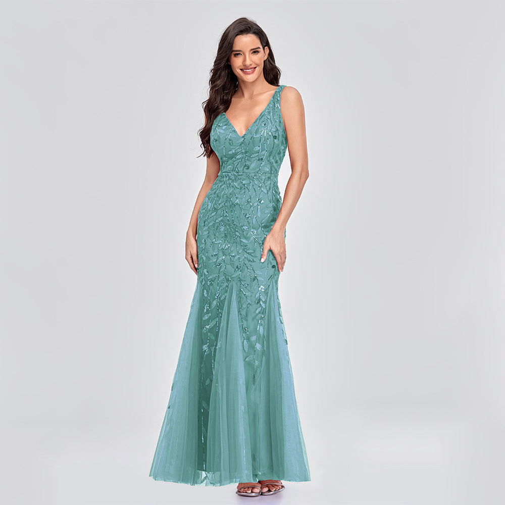 Long Sleeveless V-neck Embroidered Sequin Mermaid Dress