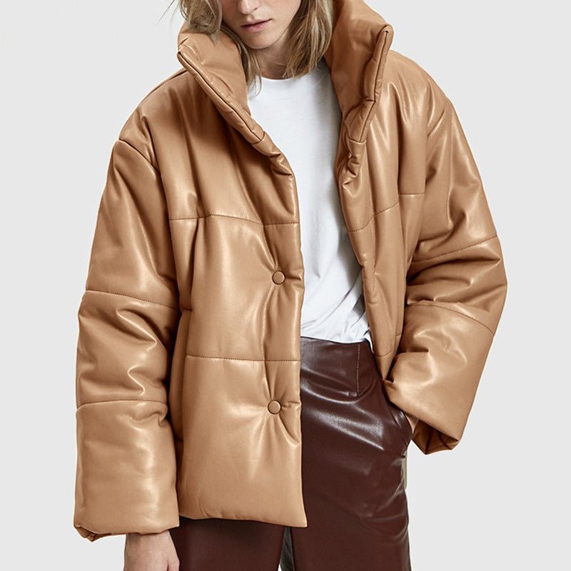 Big Lapel Leather Stand Collar Short Bread Jacket