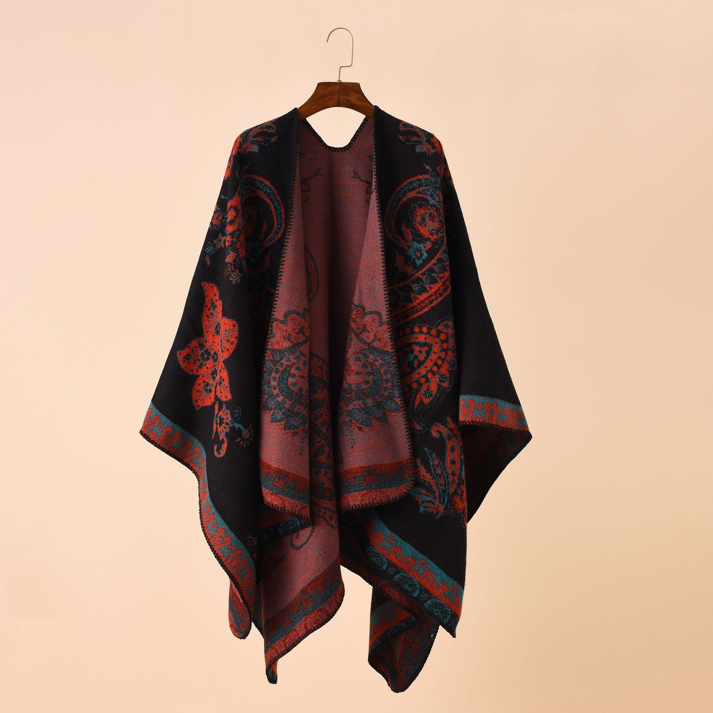 Double-sided Color Matching Plaid Cashmere-like Shawl Outer Match Cape Coat