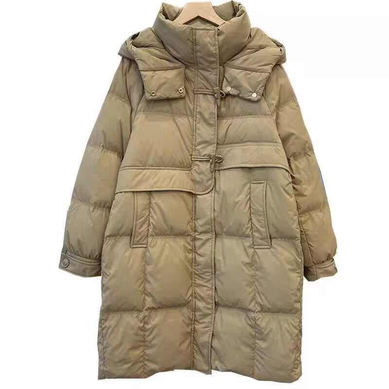 Off-season Hooded Down Jacket Women's Mid-length Horn Button Slimming White Duck Down