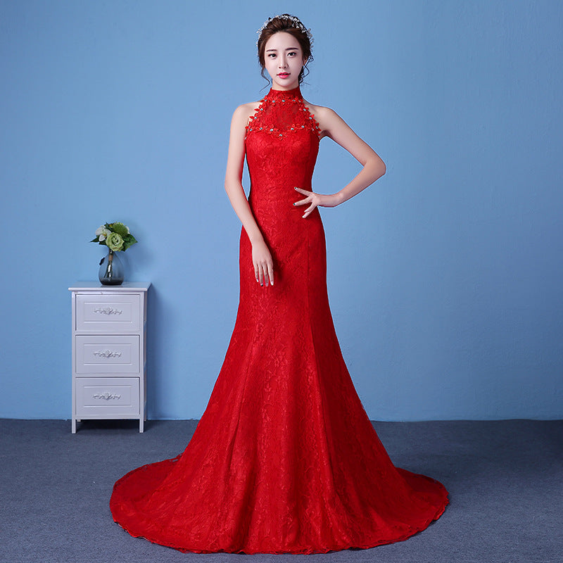 Big red wedding dress bride large size waist fishtail wedding dress palace fishtail tail Korean hanging neck