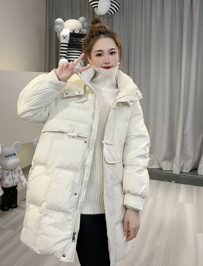 Off-season Hooded Down Jacket Women's Mid-length Horn Button Slimming White Duck Down