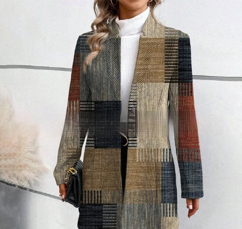 Printed Stand Collar Mid-length Long Sleeve Trench Coat