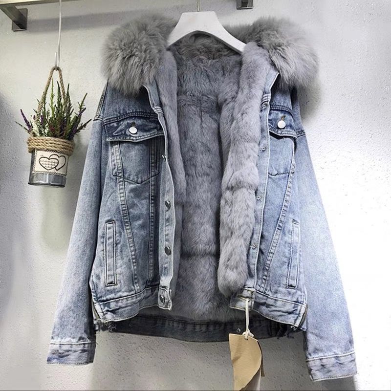 Women's Large Wool Collar Short Denim Coat Thickened With Velvet